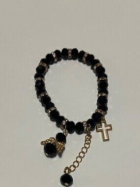 Black Beaded Bracelet with Gold Charms